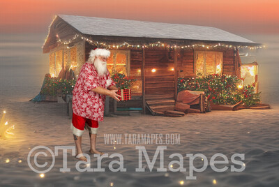 Beach Santa Digital Backdrop - Beach Santa Christmas Shack -Summer Christmas Santa Digital Backdrop  - Christmas Digital Background