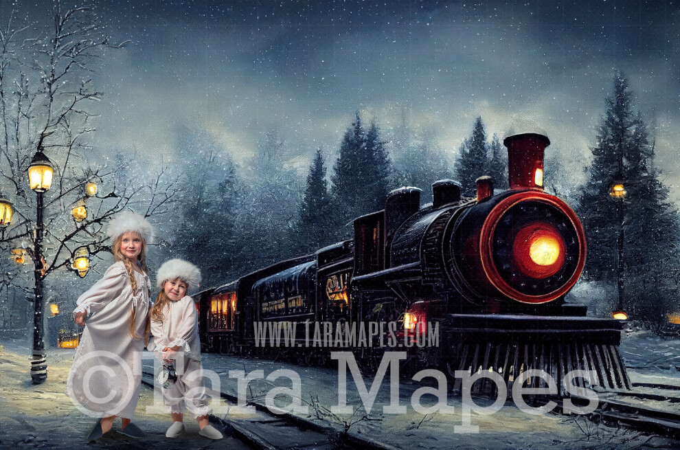 Christmas Train Digital Backdrop - Painterly Christmas Train - Holiday Express Train Christmas Train Digital Background- FREE SNOW OVERLAY included
