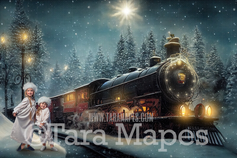 Christmas Train Digital Backdrop - Painterly Christmas Train - Holiday Express Train  Christmas Train Digital Background- FREE SNOW OVERLAY included