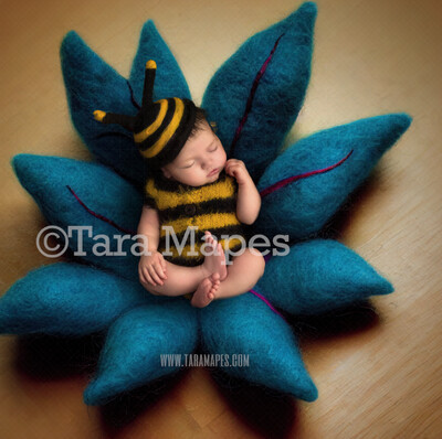 Needle Felted Blue Flower Newborn Digital Backdrop - Needle Felt Flower Newborn Digital Background