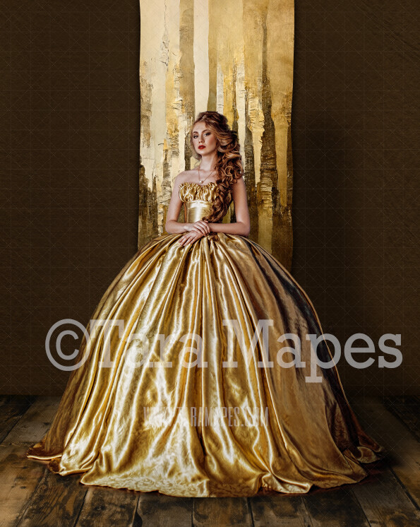 Studio Digital Backdrop - Brown Studio with Thin Gold Foil and Ivory Tone Backdrop - Neutral Studio with Wood Floor Wood - Digital Background by Tara Mapes