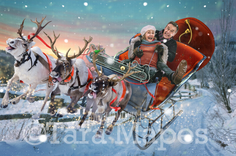 Reindeer Flying in Sky with Sleigh on Winter Road- LAYERED PSD! Smiling Reindeer - Riding in Sleigh Holiday Christmas Digital Background /Backdrop