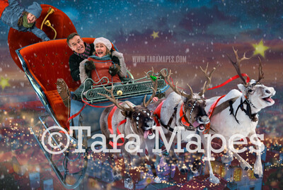 Reindeer Flying in Sky with Sleigh Over Christmas Town - LAYERED PSD! Smiling Reindeer - Riding in Sleigh Holiday Christmas Digital Background /Backdrop