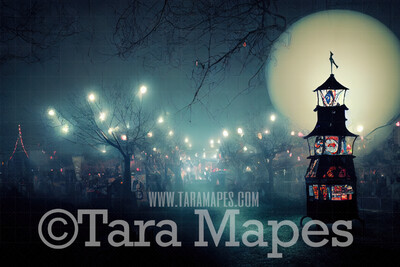 Spooky Carnival at night Digital Backdrop - Haunted Carnival - Halloween Digital Background JPG File