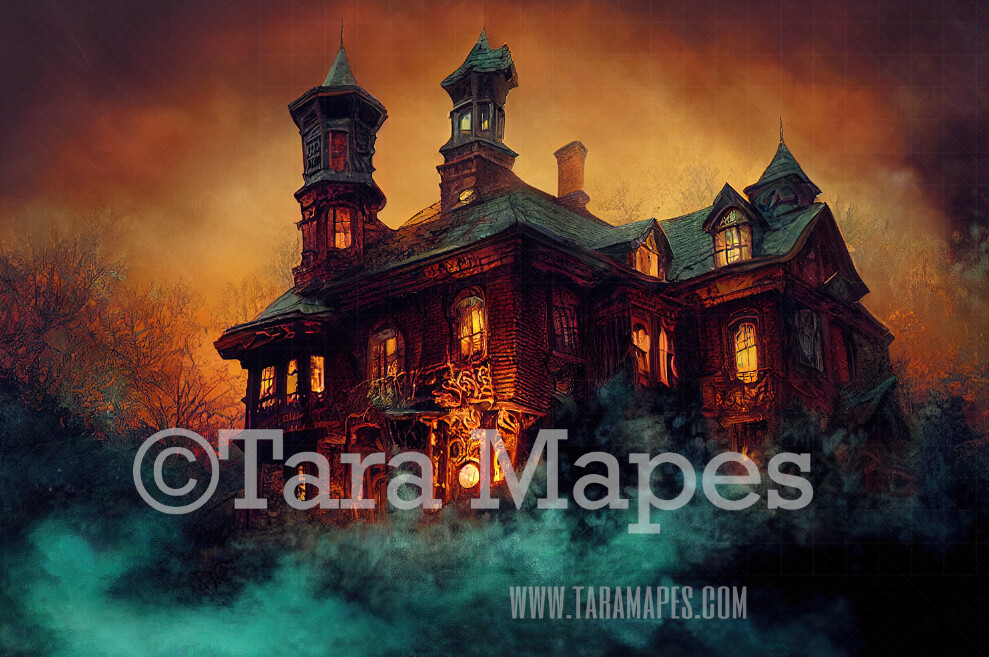 Haunted Mansion Digital Backdrop - Haunted House with Fog - Halloween Digital Background JPG File