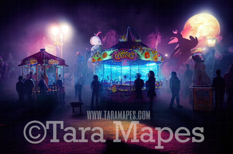 Spooky Carnival at night Digital Backdrop - Haunted Carnival - Halloween Digital Background JPG File