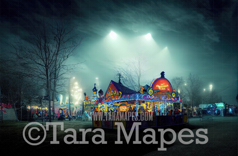Spooky Carnival at night Digital Backdrop - Haunted Carnival - Halloween Digital Background JPG File