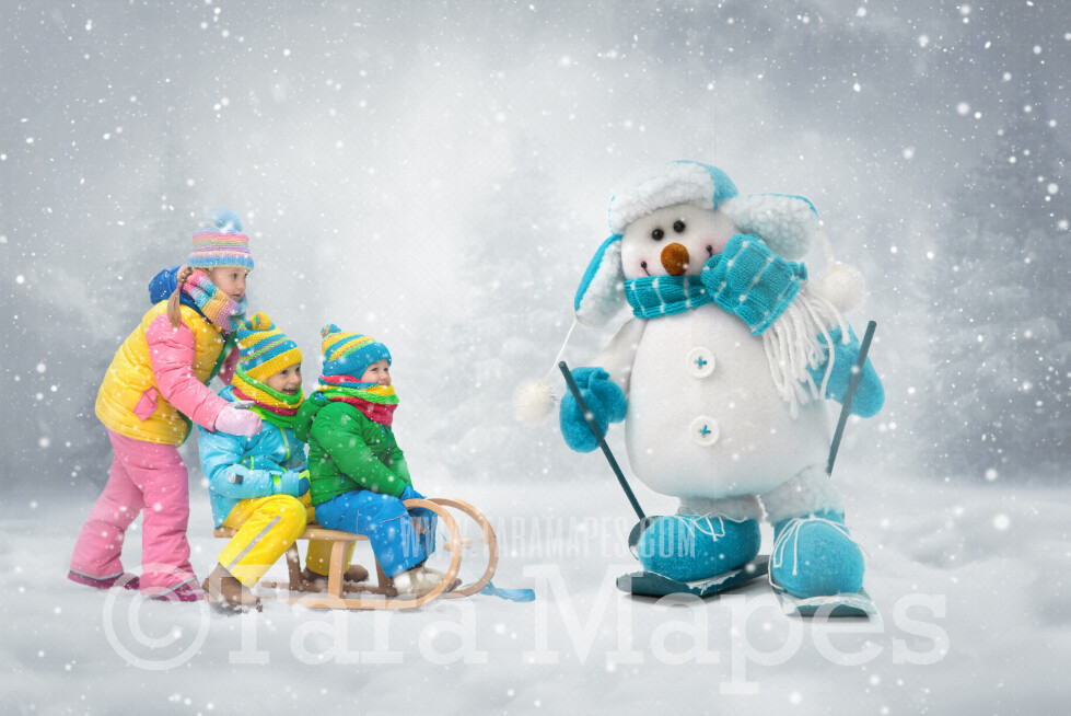 Snowman Digital Backdrop - Skiing Snowman wearing hat and scarf in Snow - Free Snow overlay - Christmas Holiday Digital Background Backdrop JPG