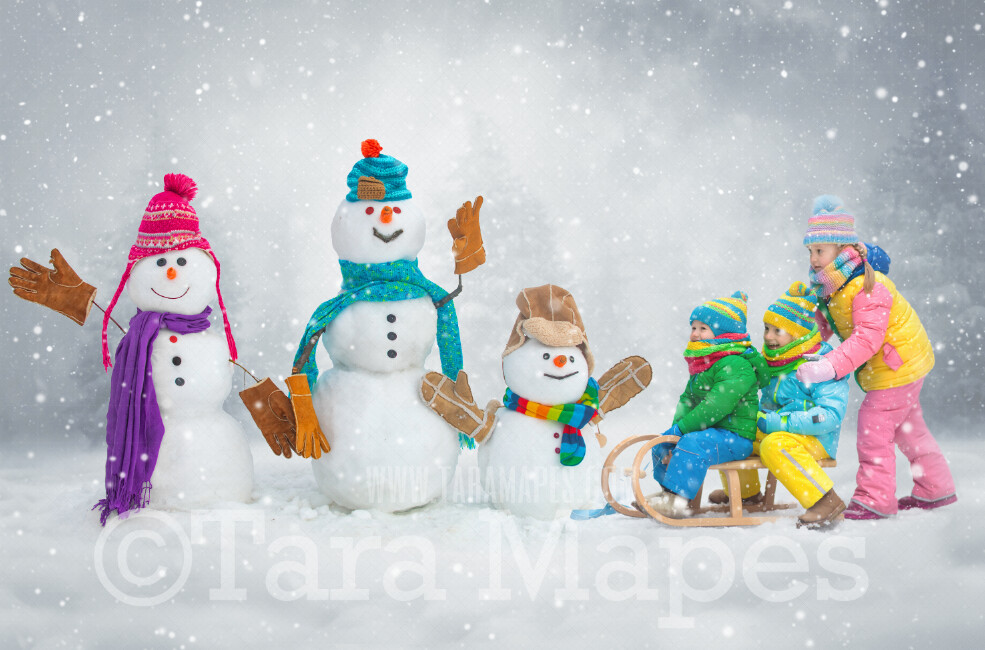 Snowman Family Digital Backdrop - Family of Snow People wearing hats and scarves in Snow - Free Snow overlay - Christmas Holiday Digital Background Backdrop JPG