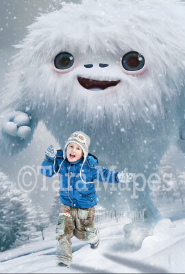 Yeti Digital Backdrop - Funny Cute Abominable Snowman Running Digital Background - FREE SNOW OVERLAY included
