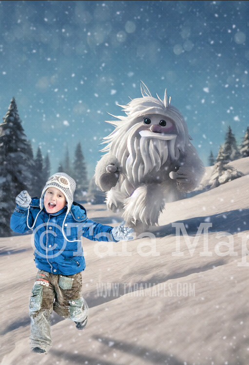 Yeti Digital Backdrop - Funny Cute Abominable Snowman Running Digital Background - FREE SNOW OVERLAY included