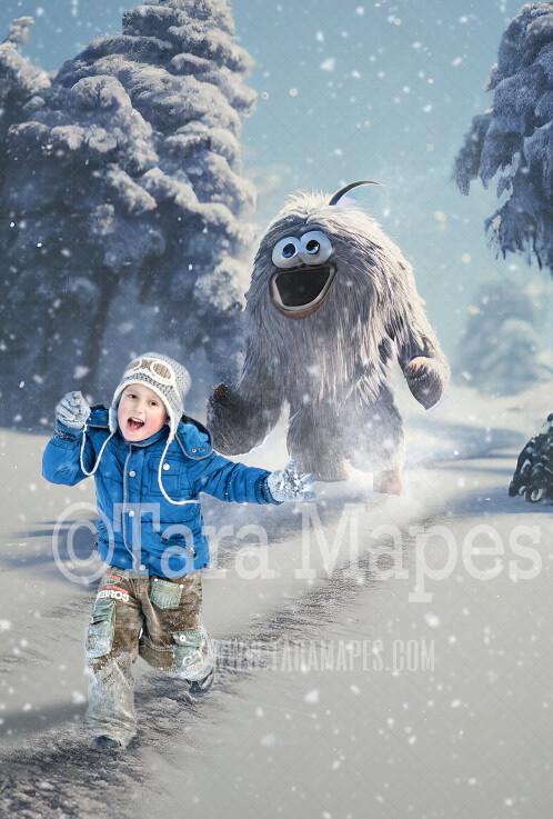 Yeti Digital Backdrop - Funny Cute Abominable Snowman Running Digital Background - FREE SNOW OVERLAY included