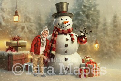 Painterly Snowman Digital Backdrop - Whimsical Painterly Snowman Digital Background - FREE SNOW OVERLAY included
