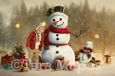 Painterly Snowman Digital Backdrop - Whimsical Painterly Snowman Digital Background - FREE SNOW OVERLAY included