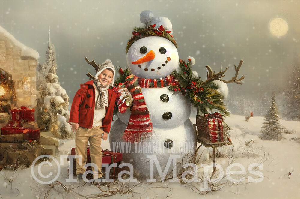 Painterly Snowman Digital Backdrop - Whimsical Painterly Snowman Digital Background - FREE SNOW OVERLAY included
