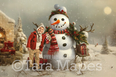 Painterly Snowman Digital Backdrop - Whimsical Painterly Snowman Digital Background - FREE SNOW OVERLAY included