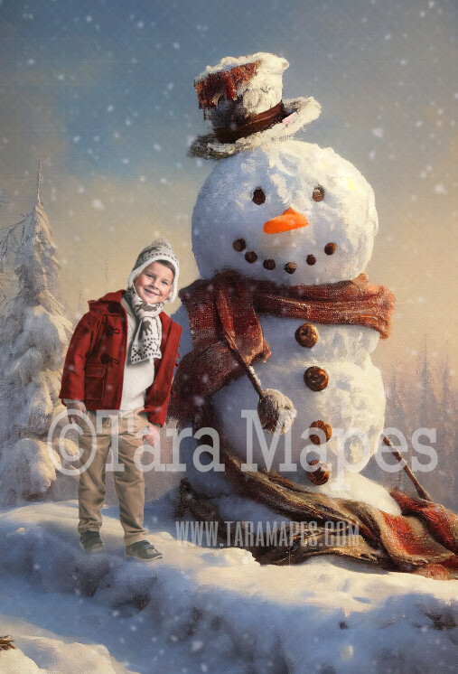 Painterly Snowman Digital Backdrop - Whimsical Painterly Snowman Digital Background - FREE SNOW OVERLAY included