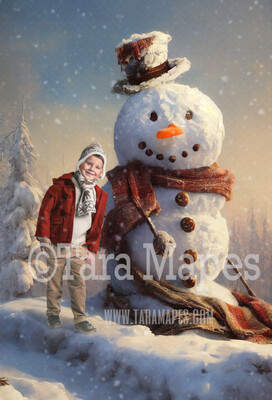 Painterly Snowman Digital Backdrop - Whimsical Painterly Snowman Digital Background - FREE SNOW OVERLAY included