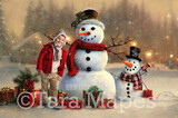 Painterly Snowman Digital Backdrop - Whimsical Painterly Snowman Snowmen Digital Background - FREE SNOW OVERLAY included