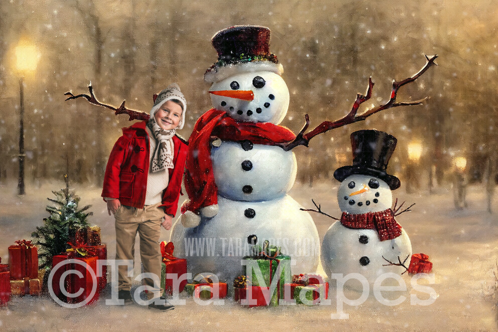 Painterly Snowman Digital Backdrop - Whimsical Painterly Snowman and Snow Child Digital Background - FREE SNOW OVERLAY included