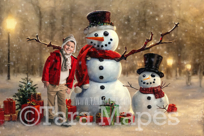 Painterly Snowman Digital Backdrop - Whimsical Painterly Snowman and Snow Child Digital Background - FREE SNOW OVERLAY included