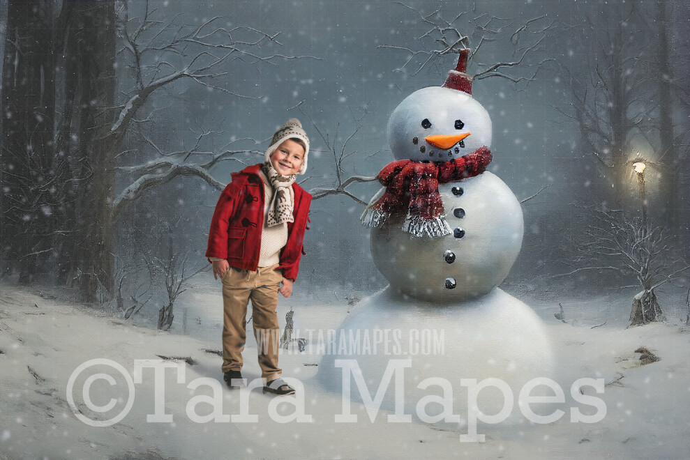 Painterly Snowman Digital Backdrop - Whimsical Painterly Snowman in Scarf and Hat - Snowman Digital Background - FREE SNOW OVERLAY included