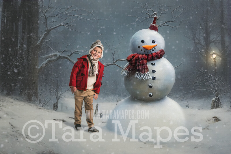 Painterly Snowman Digital Backdrop - Whimsical Painterly Snowman in Scarf and Hat - Snowman Digital Background - FREE SNOW OVERLAY included