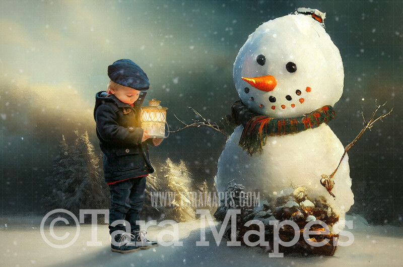 Painterly Snowman Digital Backdrop - Whimsical Painterly Snowman in Scarf  - Snowman Digital Background - FREE SNOW OVERLAY included