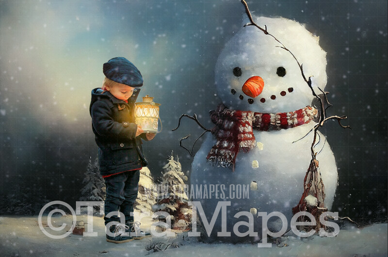 Painterly Snowman Digital Backdrop - Whimsical Painterly Snowman at Night - Smiling Snowman Digital Background - FREE SNOW OVERLAY included