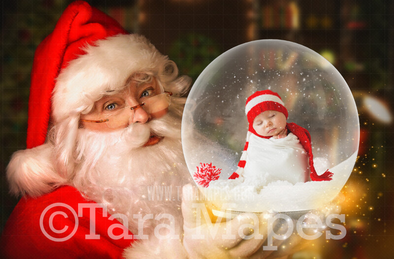 Santa Holding Snow Globe 2022 - LAYERED PSD! Snowglobe Santa - Snow Globe Santa Holiday Christmas Digital Background / Backdrop