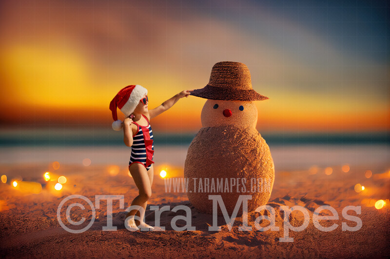 Sand Snowman Digital Backdrop - Whimsical Painterly Beach Sand Snowman at Sunset with Hat - Snowman Digital Background