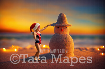 Sand Snowman Digital Backdrop - Whimsical Painterly Beach Sand Snowman at Sunset with Hat - Beach Snowman Digital Background