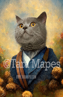 Pet Portrait PSD Template- Pet Painting Portrait Tweed Suit and Flowers  - Layered PSD Digital Background Backdrop