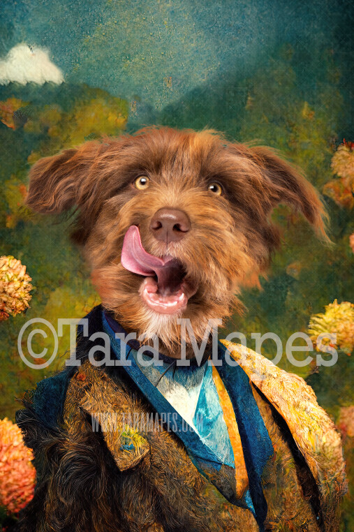 Pet Portrait PSD Template- Pet Painting Portrait Tweed Suit and Flowers  - Layered PSD Digital Background Backdrop
