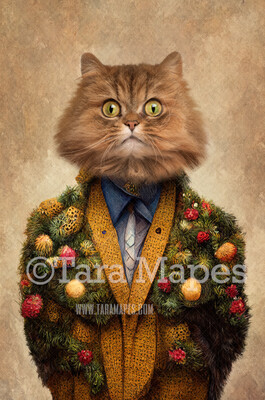 Pet Portrait PSD Template- Pet Painting Portrait Christmas Tweed Suit   - Layered PSD Digital Background Backdrop