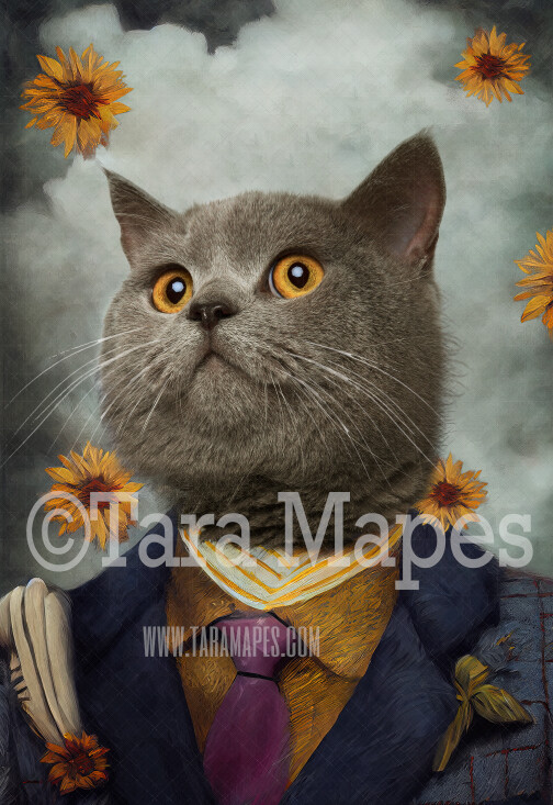 Pet Portrait PSD Template- Pet Painting Portrait Tweed Suit and Flowers  - Layered PSD Digital Background Backdrop