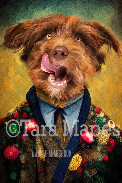 Pet Portrait PSD Template- Pet Painting Portrait Christmas Tweed Suit   - Layered PSD Digital Background Backdrop