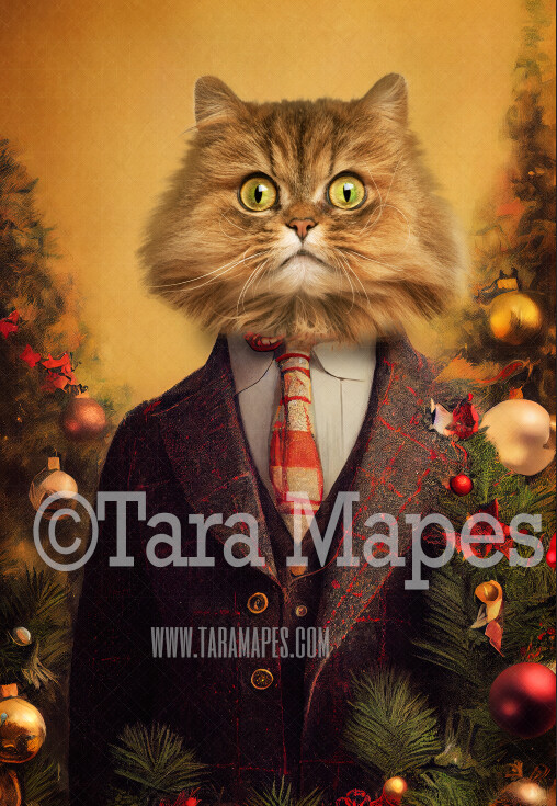 Pet Portrait PSD Template- Pet Painting Portrait Christmas Tweed Suit   - Layered PSD Digital Background Backdrop
