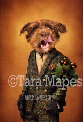 Pet Portrait PSD Template- Pet Painting Portrait Christmas Tweed Suit   - Layered PSD Digital Background Backdrop