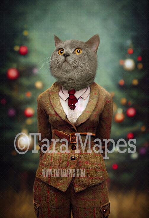 Pet Portrait PSD Template- Pet Painting Portrait Christmas Tweed Suit - Layered PSD Digital Background Backdrop