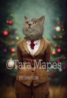 Pet Portrait PSD Template- Pet Painting Portrait Christmas Tweed Suit   - Layered PSD Digital Background Backdrop