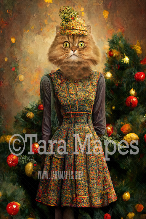 Pet Portrait PSD Template- Pet Painting Portrait Christmas Tweed Dress   - Layered PSD Digital Background Backdrop
