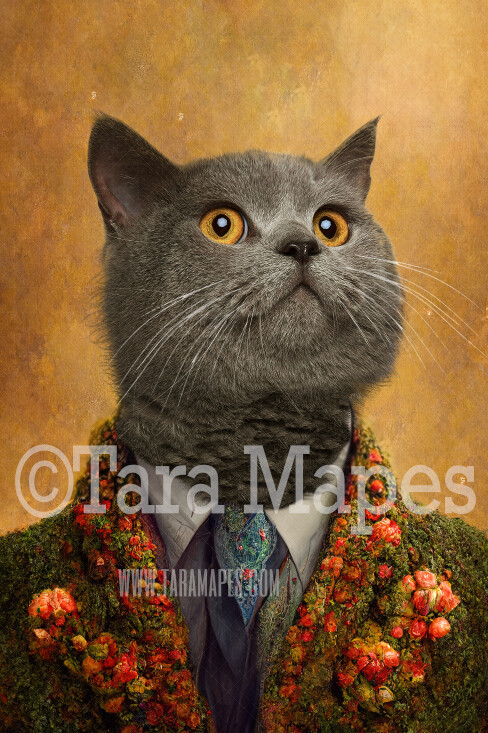 Pet Portrait PSD Template- Pet Painting Portrait Tweed Flower Suit - Layered PSD Digital Background Backdrop