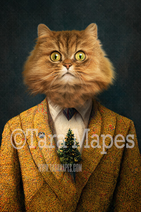 Pet Portrait PSD Template- Pet Painting Portrait Tweed Christmas Suit - Layered PSD Digital Background Backdrop