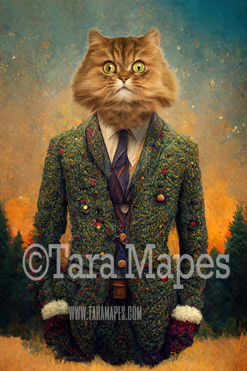 Pet Portrait PSD Template- Pet Painting Portrait Tweed Flower Christmas Suit - Layered PSD Digital Background Backdrop