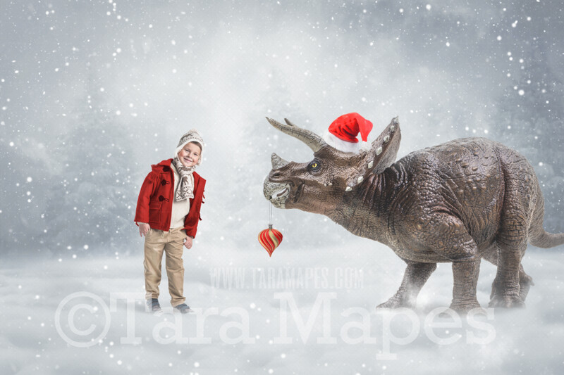 Christmas Dinosaur Digital Backdrop - Dino with Ornament -  Snowy Scene with Dinosaur - Funny Christmas Holiday Digital Background Backdrop --Free Snow overlay