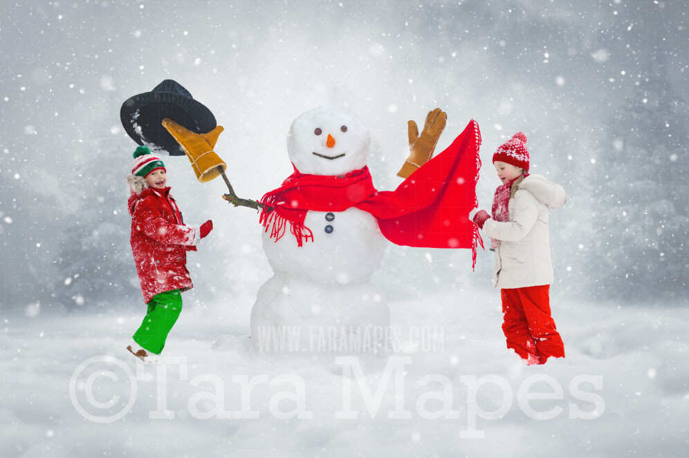 Snowman Digital Backdrop - Snowman Wearing Hat and Scarf - Free Snow overlay - Christmas Holiday Digital Background Backdrop JPG