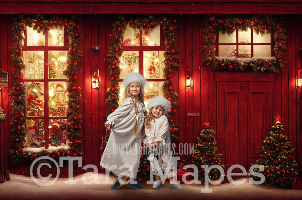 Red Christmas Shop Digital Backdrop - Vintage Toy Shop - Christmas Street Storefront  - Christmas Town Shops Digital Background - FREE SNOW OVERLAY included