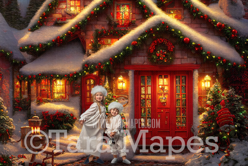 Red Christmas Shop Digital Backdrop - Vintage Toy Shop - Christmas Street Storefront  - Christmas Town Shops Digital Background - FREE SNOW OVERLAY included