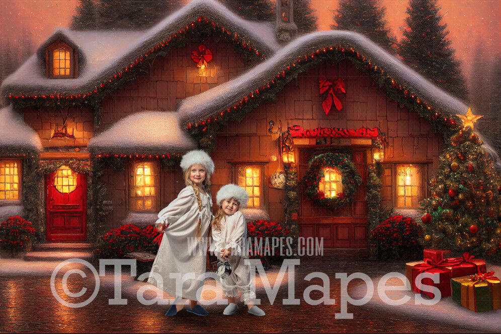 Red Christmas Shop Digital Backdrop - Vintage Toy Shop - Christmas Street Storefront  - Christmas Town Shops Digital Background - FREE SNOW OVERLAY included
